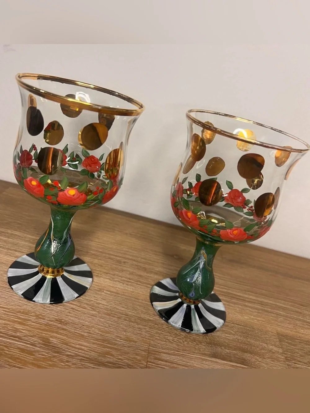 MACKENZIE CHILDS vtg pair Circus Heirloom 12 Oz Water Goblet Tumbler